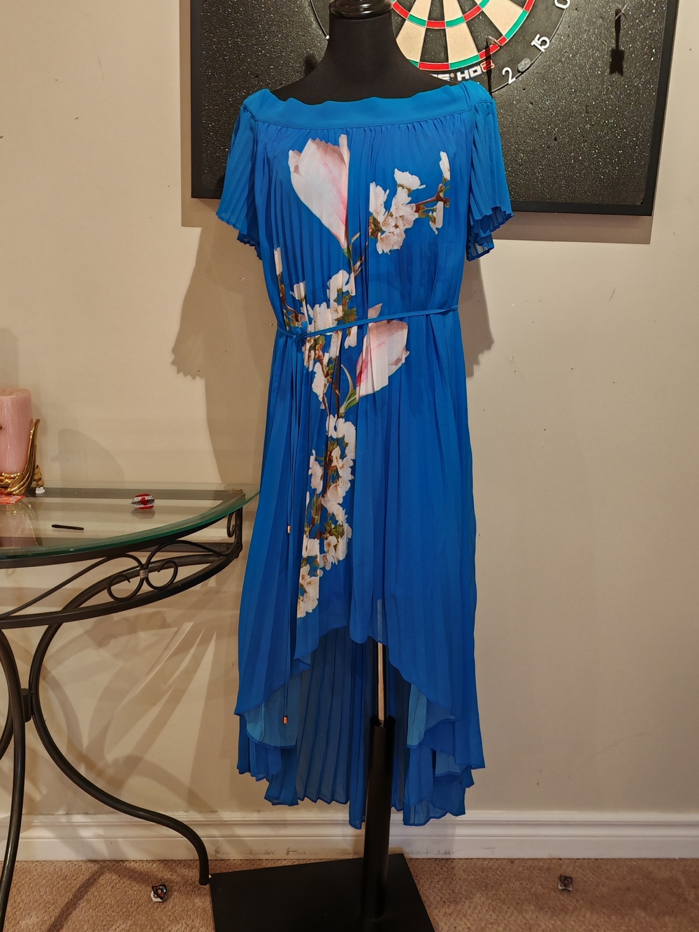 Ted Baker Cobalt Blue Off-Shoulder Pleated High-Low Floral Dress - Picture 12 of 14